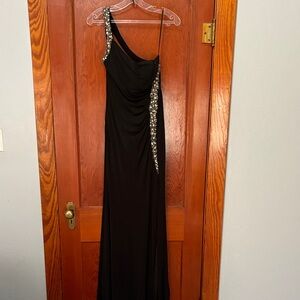 Dancing Queen Black One-Shoulder Dress with Silver Details with matching shawl